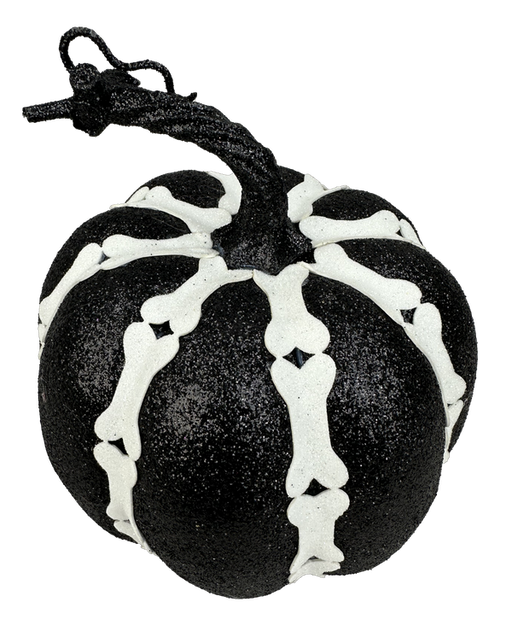 The 6 by 6.5 Black and White Décor Skeleton Pumpkin 57121BKWT features a black glittery finish, vertical white bone shapes, and a twisted black stem—an eye-catching Halloween décor piece.