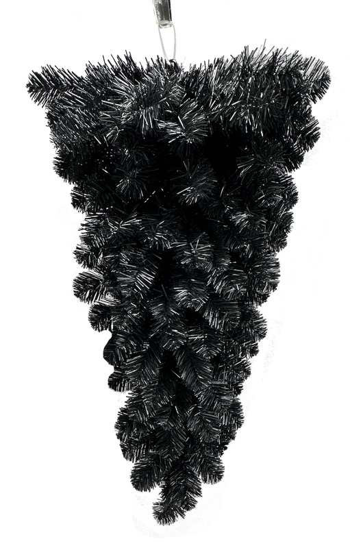 The 32 Black Tinsel Teardrop 57198TE32 hangs upside down with dense, bushy branches that taper to a point. A hook at the top makes it easy to display this striking Christmas décor piece.
