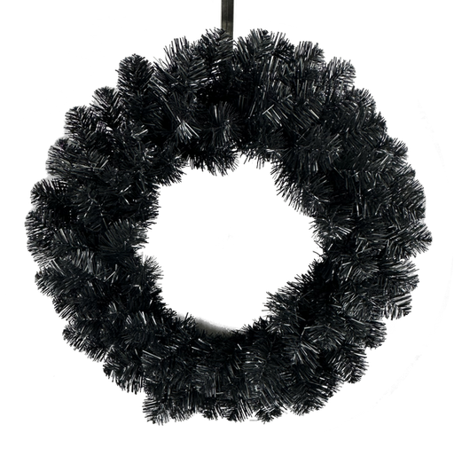 The 24 Black Tinsel Wreath 57198WR24 features shiny, tinsel-like material in thick, bushy loops, displayed against a plain background.