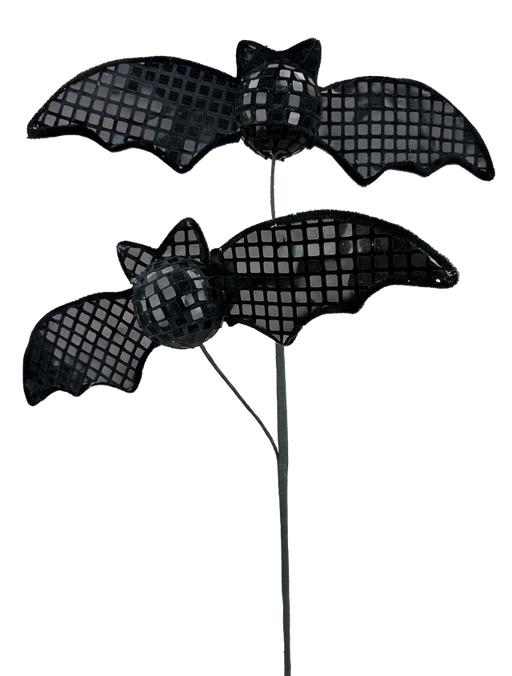 The 25 Black Disco Bat Spray with 2 Stems (57261BK) features two black bats with shiny checkered mosaic wings and round bodies on thin metal rods, arranged vertically. Ideal for your Halloween decor.