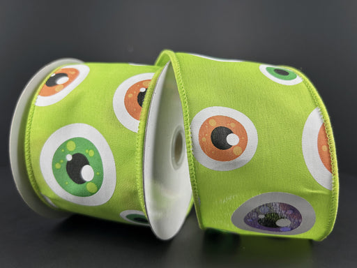 Get two rolls of 2.5X10Y Lime Satin/Halloween Googly Eyes Ribbon 58440-40-09, featuring playful eyeball designs on a bright lime background—ideal wired ribbon for unique Halloween crafts and décor.