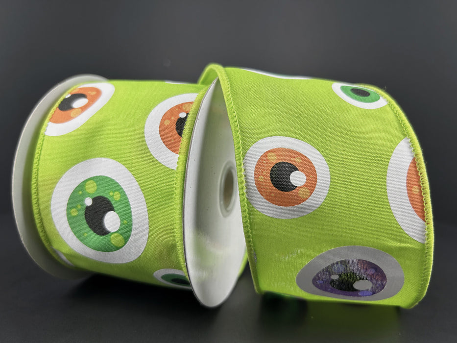 Get two rolls of 2.5X10Y Lime Satin/Halloween Googly Eyes Ribbon 58440-40-09, featuring playful eyeball designs on a bright lime background—ideal wired ribbon for unique Halloween crafts and décor.