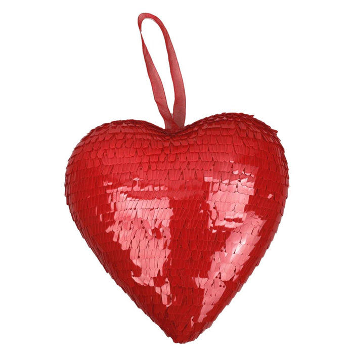 Red sequin heart ornament with ribbon hanger, 6 x 5.5 inch, perfect for Valentine decor or wreath-making