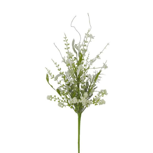 The 23" Lavender Berry Spray Cream 60919-CR displays small cream and white flowers with green leaves on slender branching stems, set against a plain white background.