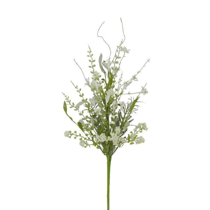 The 23" Lavender Berry Spray Cream 60919-CR displays small cream and white flowers with green leaves on slender branching stems, set against a plain white background.
