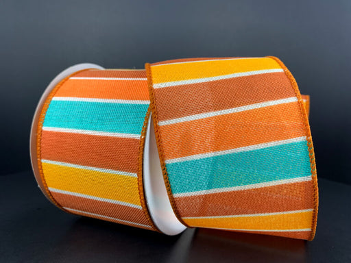 A roll of 2.5X10Y Aqua-Orange-Rust-Yellow-White Stripe Linen Ribbon 61317-40-45 sits on a black surface, slightly unrolled to highlight its vibrant pattern and contrasting colors.