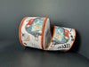 The 2.5X10Y White Ponche Satin/Watercolor Turkeys Ribbon (61504-40-18) features colorful turkey and botanical illustrations with orange-edged borders on a white satin background.
