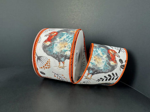 The 2.5X10Y White Ponche Satin/Watercolor Turkeys Ribbon (61504-40-18) features colorful turkey and botanical illustrations with orange-edged borders on a white satin background.