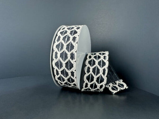 A spool of 1.5x10Y ivory, orange, moss yellow, and ivory scallop burlap/black linen ribbon (61520-09-21) is displayed against a dark gray background.