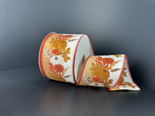 A spool of 2.5X10Y Ivory Satin/Rust Fall Pampas Ribbon (61522-40-18) with ivory and brown tones, featuring pampas designs, displayed against a plain gray background.