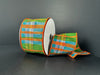 The 2.5X10Y Moss-Orange-Blue Faux Dupioni Plaid Ribbon (61528-40-29) features a vibrant moss, orange, and blue plaid pattern on a plain dark background.