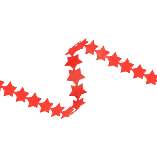 The Red Ultra Sonic Trim Star Ribbon 3/4" x 10 yards (6202-250-16E) features a repeating red star pattern and curls in a loose spiral against a white background, offering a polished, high-quality finish.