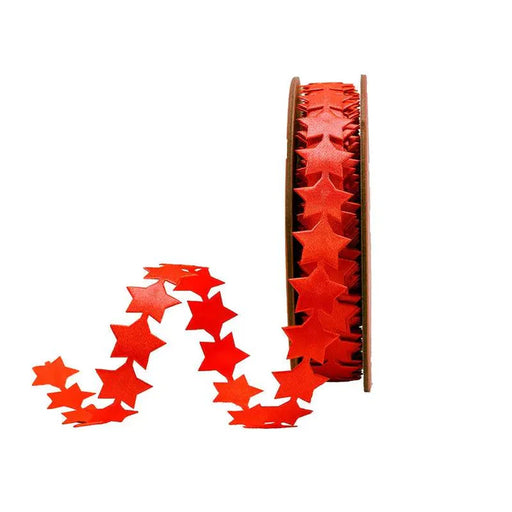 A spool of Red Ultra Sonic Trim Star Ribbon, 3/4" x 10 yards (6202-250-16E), with star-shaped cutouts and some ribbon unspooled, is displayed against a plain white background.