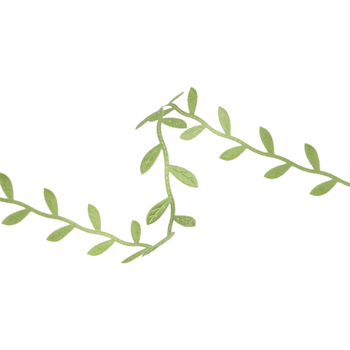 The 1 Inch Green Ultra Sonic Trim Vine with Leaves Ribbon (6203-552-25E) features a leafy green vine in a loose, wavy pattern against a white background, perfect for crafting or decorative projects.