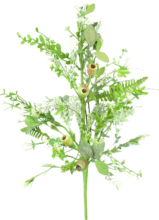 A vibrant 28 Dusty Miller Pod Mix Green Spray, featuring a mix of green and white artificial flowers, leaves, small acorns, and a variety of textures and shapes.