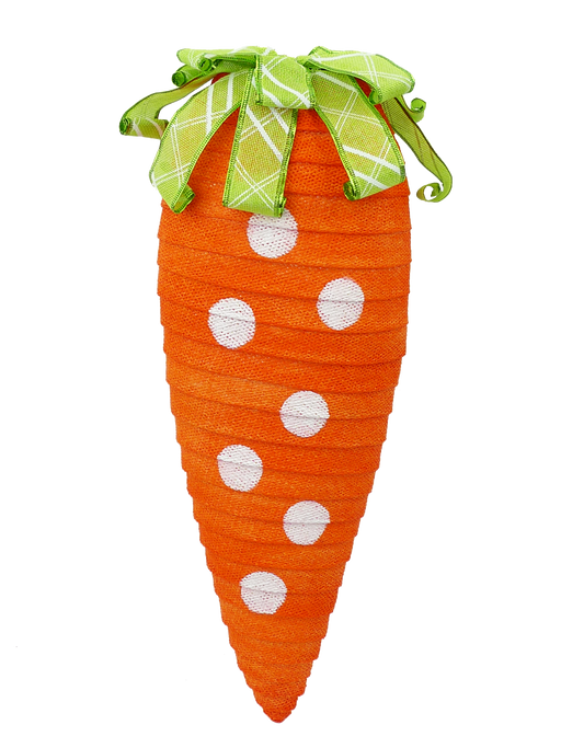 The D2xW7xH24 Orange Large Ribbon Carrot Ornament 62810OR features a large carrot design with white polka dots and a green ribbon top, resembling yarn or fabric.
