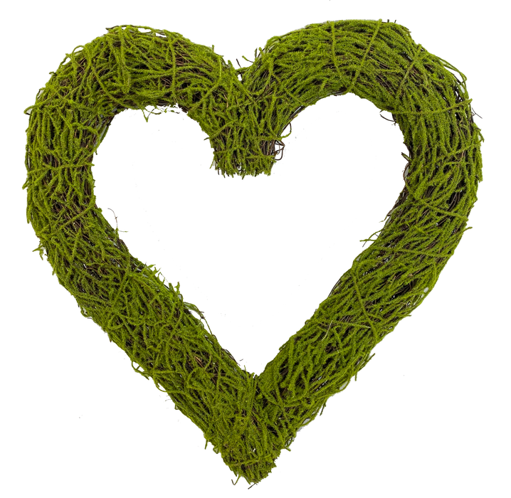 The 17 Inch Green Moss Heart Form (63099GN) features artificial green moss and twigs in a heart-shaped wreath, perfect for craft projects.