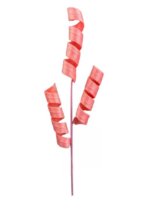 The 24" Curly Spray with 3 Stems (product code: 63389PH), featuring pink ribbon curls wrapped around a stick and evoking images of a whimsical candy cane or twirled lollipop, beautifully captures the natural charm of peach tones set against a plain white background.
