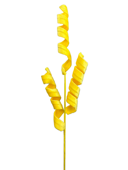 A vibrant 24" tall piece from the 24" Yellow Curly Spray with 3 Stems (63389YW) collection stands out against a black background, resembling a twisted ribbon with remarkable elegance.