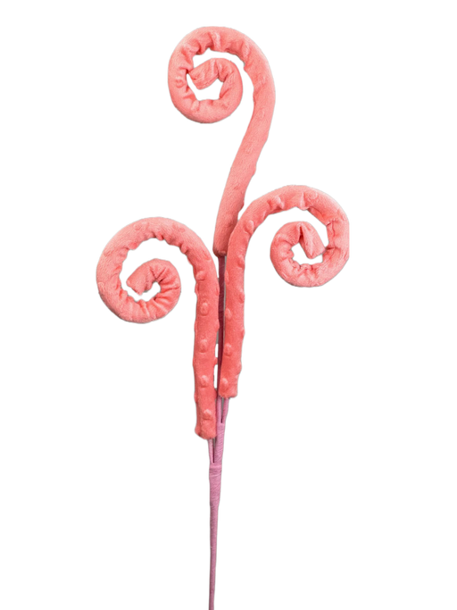 The 28" Peach Curly Spray 3 Stems (63390PH) presents a whimsical sculpture with peach-colored curling tendrils, set against a black background. This artistic piece features three gracefully spiraling forms emerging from a central stem.