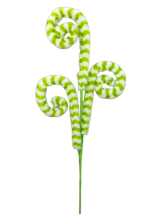 A close-up view showcases the 28" Green Curly Spray with three stems (63414GN) against a black background. The vibrant green and white striped design, combined with its delicate spiral shapes, creates a striking visual effect.