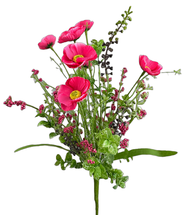 The 21 Hot Pink Poppy Spray 63429BT displays a vibrant bouquet of hot pink poppies with green leaves and stems on a black background, featuring delicately arranged petals and accents of small pink and dark green foliage for an exquisite display.