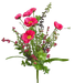 The 21 Hot Pink Poppy Spray 63429BT displays a vibrant bouquet of hot pink poppies with green leaves and stems on a black background, featuring delicately arranged petals and accents of small pink and dark green foliage for an exquisite display.