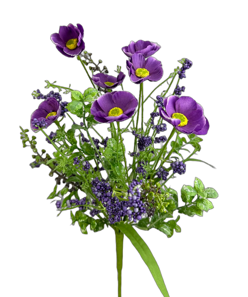 A bouquet of purple anemone flowers with yellow centers and small purple berries, accented by lush green leaves, complemented by a 21 Purple Poppy Spray 63429PU, set against a black background.