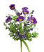 A bouquet of purple anemone flowers with yellow centers and small purple berries, accented by lush green leaves, complemented by a 21 Purple Poppy Spray 63429PU, set against a black background.