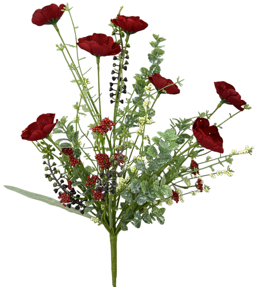 The 21" Red Poppy Spray 63429RD features red blooms, green leaves, and clusters of red and black berries on thin stems—perfect for summer arrangements or adding a vibrant touch to patriotic wreaths.