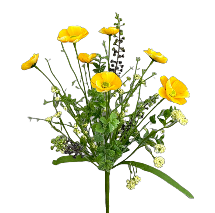 A bouquet of vibrant flowers, similar to the 21 Yellow Poppy Spray 63429YW, features yellow blooms with green leaves and small white buds on slender stems against a black background for an elegant arrangement.