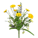 A bouquet of vibrant flowers, similar to the 21 Yellow Poppy Spray 63429YW, features yellow blooms with green leaves and small white buds on slender stems against a black background for an elegant arrangement.