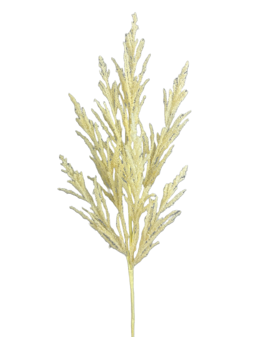 The 28 Cream Heather Spray 63473CM artificial plant branch, featuring multiple textured needle-like leaves, is shown against a solid black background.