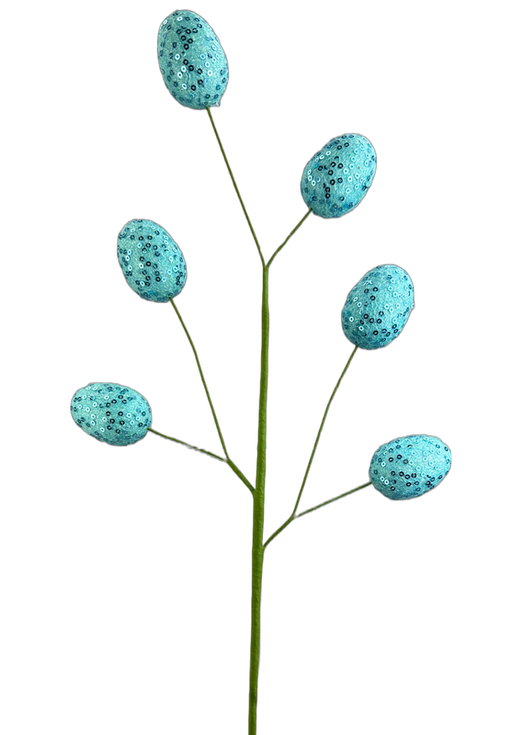 The H22 Blue Egg Spray 6 Stems (63495BL) features multiple branches on a single stem, each adorned with intricately beaded light blue egg-shaped ornaments against a transparent background.