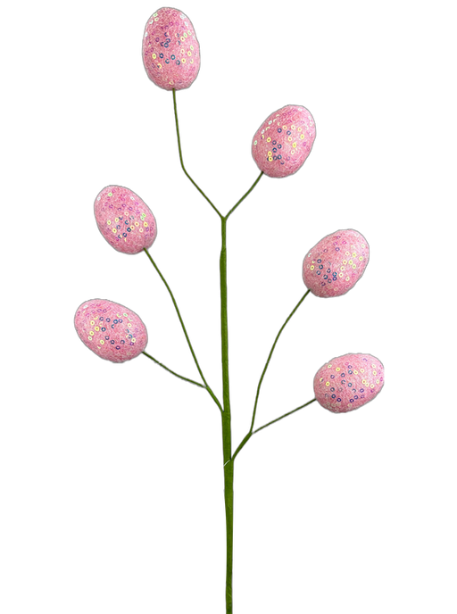 The H22 Pink Egg Spray 6 Stems 63495PK features six pink, glittery egg-shaped ornaments on lush green stems, resembling vibrant flowers. The eggs are adorned with colorful speckles for a whimsical touch in any setting.