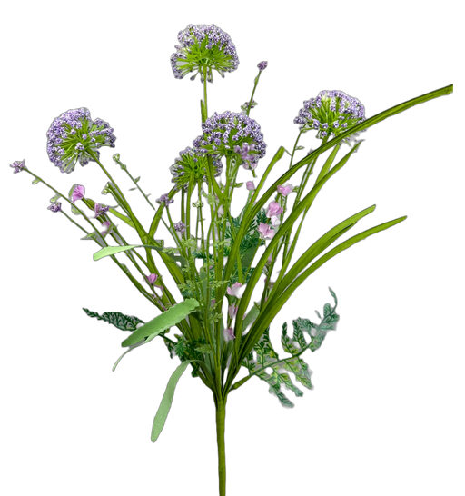 A 20-inch cluster of delicate, light purple flowers with thin green stems and leaves against a solid black background resembles the elegant Purple Sedum Bush. The blooms are intricate and round, with small pink buds nestled among the greenery. Product: 20 Purple Sedum Bush 63498PU.