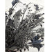 A close-up of the 24 Black Mixed Halloween Spray 63526-BK, featuring artificial black flowers and leaves against a white background, highlighting the detailed textures of the petals, stems, and foliage.