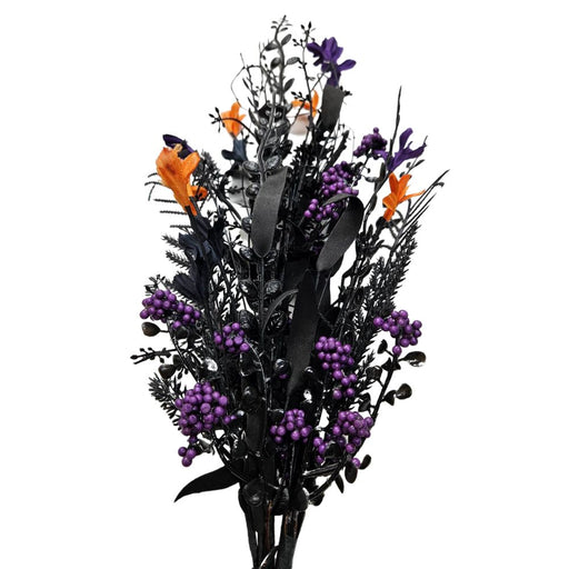 The 24 Purple Mixed Halloween Spray 63526-PU features purple mixed berries, black stems, orange flowers, and a black ribbon, arranged against a white background.