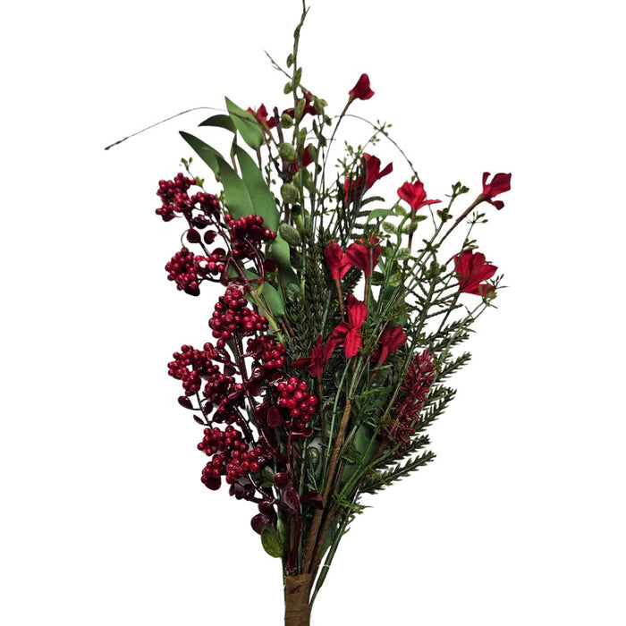 Brighten your holiday decor with the 24" Red Mixed Christmas Spray 63526-RD—a festive arrangement featuring vibrant red berries, small red flowers, and lush green leaves artfully displayed against a white background.