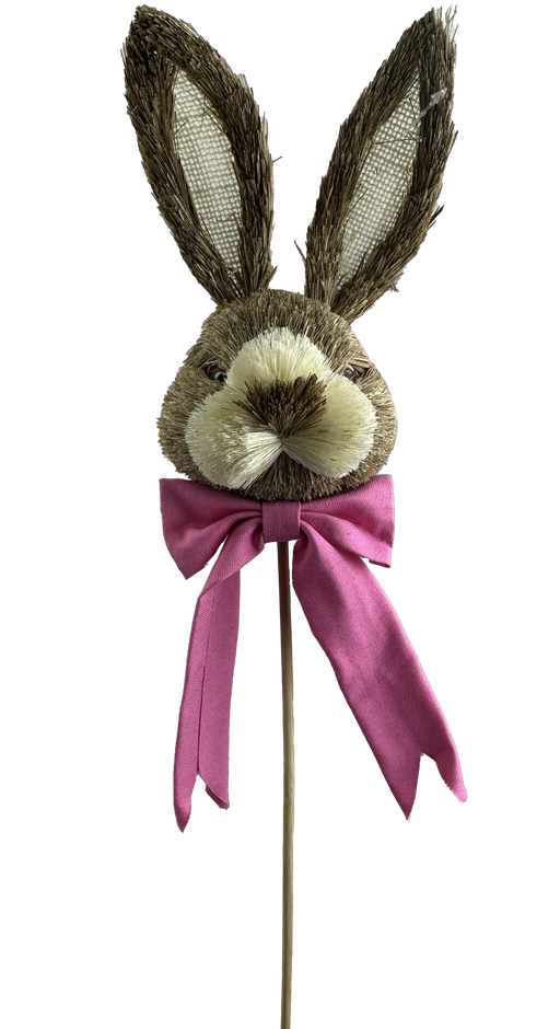 The 21 Hot Pink Bunny Head with Bow (63534BT) is a decorative textured bunny head featuring long ears and a vibrant hot pink neck bow, elegantly attached to a stick.