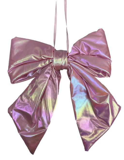 The 16 by 12 Pink Pearlescent Bow Ornament (63629PK) features wired loops for fullness, a reflective large design with long tails, and a smooth glossy texture to enhance its vibrant iridescent shades.
