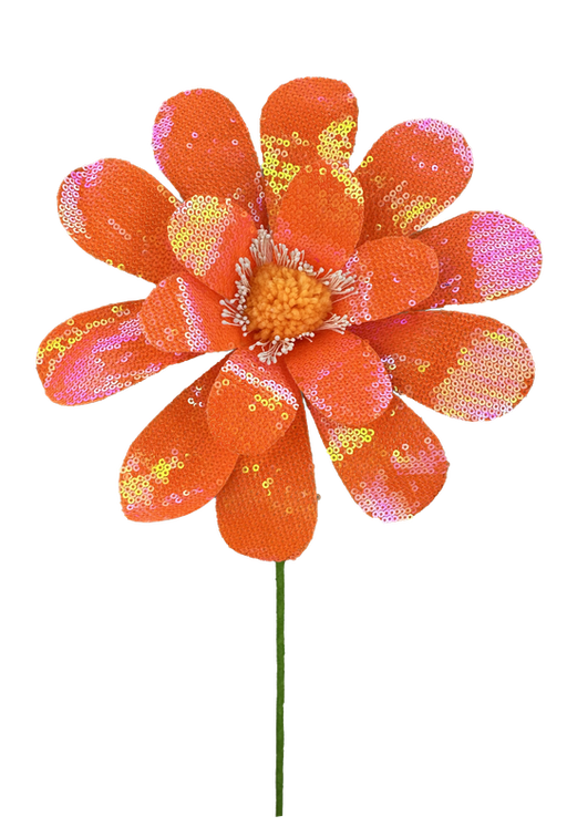 The 24 by 8 Orange Sequin Daisy Spray 63630OR features bright orange petals with yellow and pink sequins around an orange and yellow center, all atop a slender green stem.