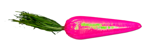 The H17xDIA3.5 Hot Pink Decor Sequin Carrot (63633HTPK) is a plush toy adorned with hot pink, shiny sequins and topped with green fabric leaves, reflecting light to create a sparkling effect against its plain white background.