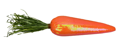 The H17xDIA3.5 Orange Decor Sequin Carrot 63633OR features a vibrant sequined body with lush green fabric leaves, making it a charming decor piece. Perfectly isolated against a white background, it adds a playful touch to any setting.