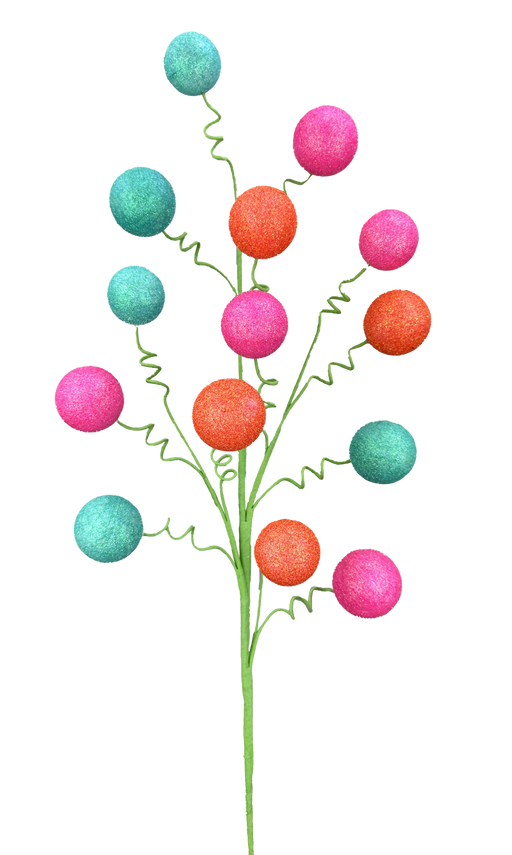 The H28 Hot Pink/Coral/Aqua Glitter Ball Spray 14 Stems 63650BTCOAQ showcases spiraling green branches adorned with evenly distributed hot pink and coral glitter ornaments, offering a festive look.