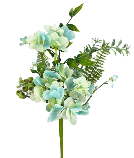 An 18 Blue Hydrangea Leaves Pick (63663BL) features light blue and cream hydrangeas with buds, surrounded by green leaves and ferns on a single stem, set against a plain white background.