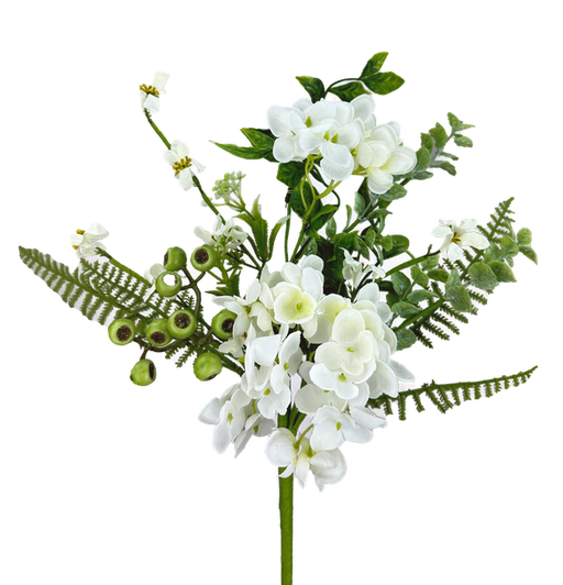 The 18 Cream Hydrangea Leaves Pick (63663CM) presents a bouquet of delicate hydrangeas and small blossoms, mingled with lush green leaves and ferns. Its fresh, natural appeal is enhanced against a plain background, highlighting the bouquets intricate details.