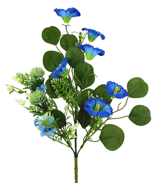 The 18 Blue Petunia Filler Pick (63687BL) showcases vibrant deep blue flowers with yellow-green centers, complemented by round green leaves and small white blossoms, all beautifully set against a white background.