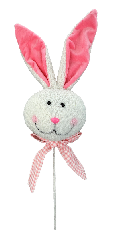 The 25 X 5.5 Pink Bunny Head Pick (63695PK) features a plush rabbit head with large pink ears, a smiling face, blushing cheeks, and a pink nose on a stick. A pink checked ribbon bow decorates its fluffy white fur for an adorable touch.