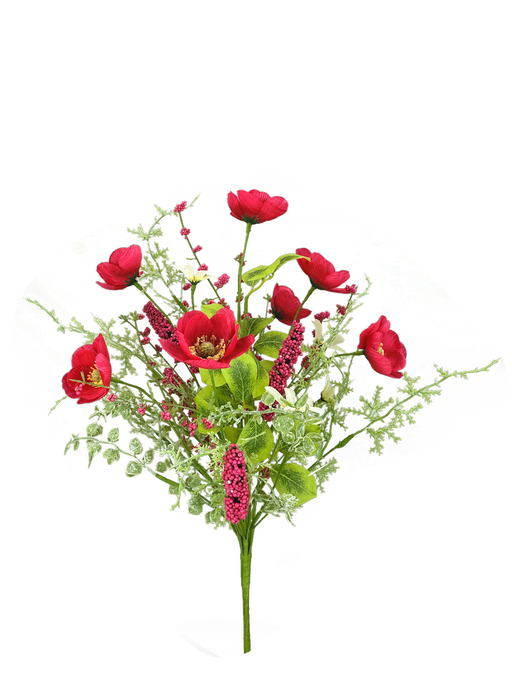 The 19" Hot Pink Poppy Filler Bush 63735BT features artificial hot pink and red poppy flowers with green leaves and stems, displayed against a plain white background.